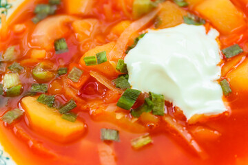 Ready-made Ukrainian borscht (a national dish) with sour cream