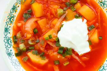Ready-made Ukrainian borscht (a national dish) with sour cream