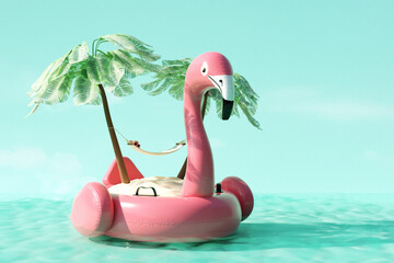 Summer tropical island with coconut palms and hammock on pink rubber flamingo in ocean. Summer travel concept. 3d render - 796691935