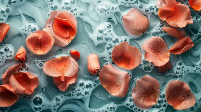 A soothing aqua marble background with silver liquid swirled across adorned with bright coral rose petals. 