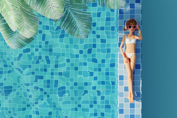 Young girl with in bikini, headphones, sunglasses sunbathing by swimming pool. Summer swimming pool party. 3d render. Top view - obrazy, fototapety, plakaty
