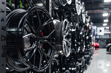 A rack of highend car rims in an automotive shop, showcasing the diversity and luxury associated with exotic wheel choice The scene captures the sleek design against black steel frames