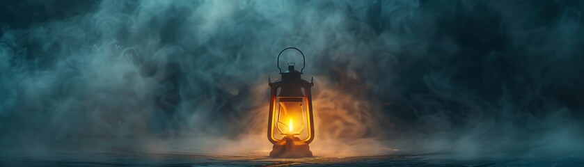 Highdetail 3D render of a gas lamp flickering in a dense, mysterious fog on a chilly night