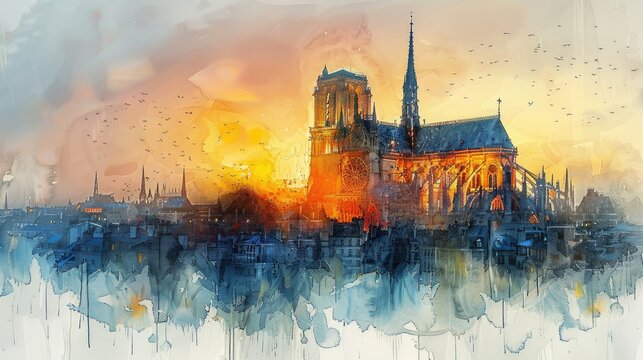 Gothic Cathedral: A gothic cathedral rising into the sky, painted with intricate watercolor details to capture the grandeur of medieval architecture.