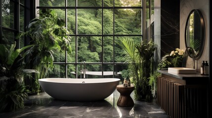 Elegant luxury bathroom with freestanding marble bathtub, surrounded by lush green plants and large windows, providing a serene spa-like atmosphere.