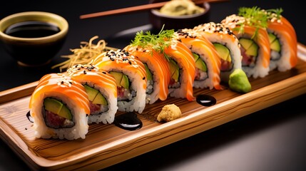 Freshly made sushi rolls neatly arranged on a bamboo mat, accompanied by soy sauce and wasabi, showcasing a healthy seafood option.