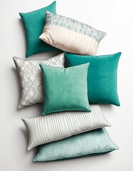 bunch of teal throw pillows on plain wjite background from Generative AI
