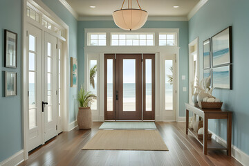 An open large and wide interior front door hallway foyer with transom, hanging light fixture, coastal colors and entry way table and wood floors.
