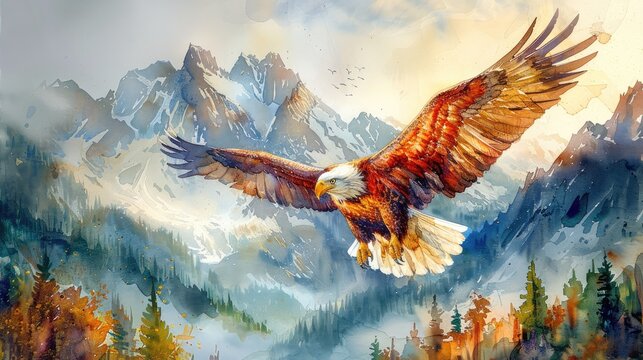 Majestic Bald Eagle Soaring: A majestic bald eagle soaring high above rugged mountains, painted with bold watercolor brushstrokes.
