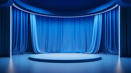 Modern 3D podium on a vibrant blue stage with soft fabric curtains and an overhead spotlight,...