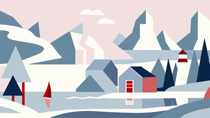 Serene Lakeside Village Amidst Snowy Mountains Illustration