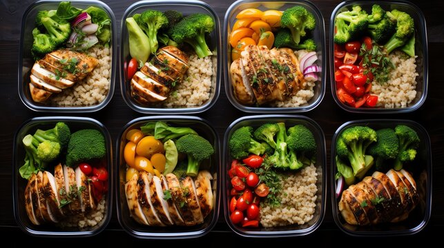 Organized meal prep containers filled with grilled chicken, brown rice, and steamed vegetables, lined up for a week's healthy eating plan.