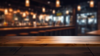 Sleek wooden bar top with a blurred nightlife or restaurant scene, setting the stage for beverage advertisements or bar menu highlights.