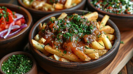 Canadian Poutine food dish with French fries and cheese curds topped with a brown gravy. 