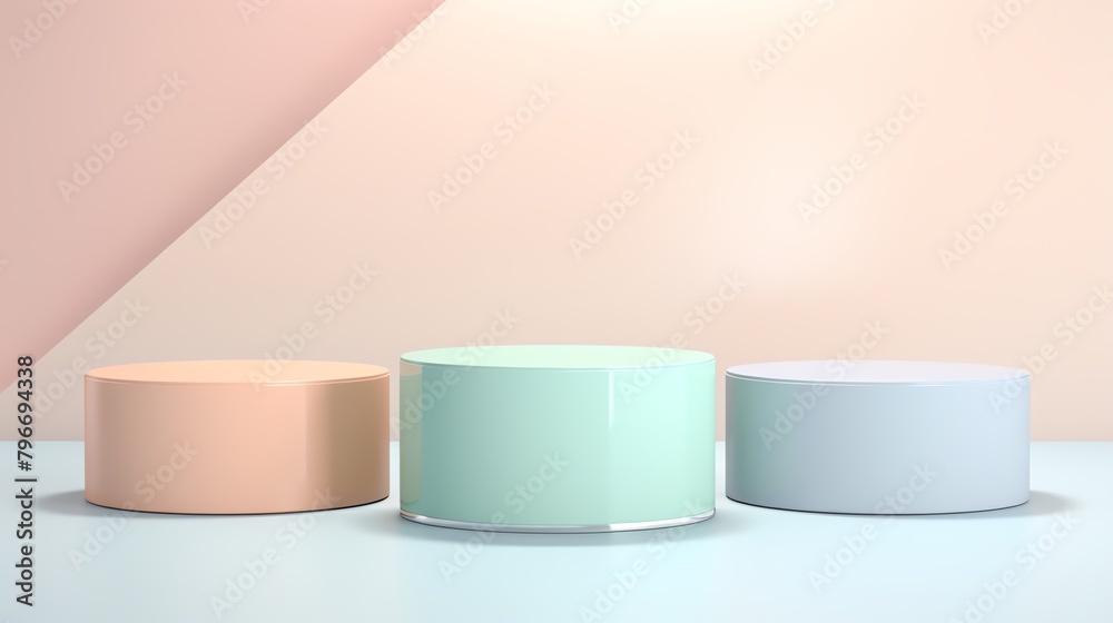 Wall mural trio of geometric podiums in pastel colors, arranged in a dynamic composition, suitable for displayi