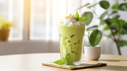 Trendy iced matcha latte in a clear glass, garnished with a leaf pattern, presented in a cozy cafe setting with pastel decor.