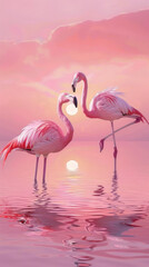 A pair of flamingos, with pink feathers shining in the setting sun, against a pink background, gracefully wade through shallow water on an endless lake