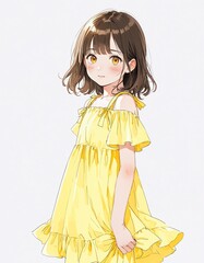 girl in cute yellow dress on plain wjite background from Generative AI