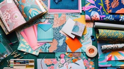 A table with a variety of colorful papers, envelopes, and other items