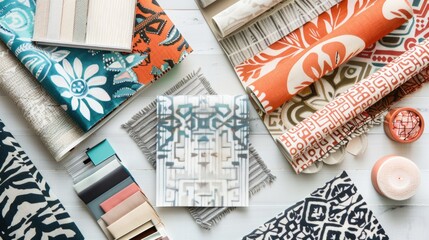 Fototapeta premium A collection of colorful fabric swatches and a book with a blue cover