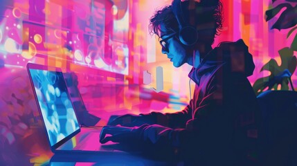 A man is sitting in front of a computer with a laptop open - obrazy, fototapety, plakaty