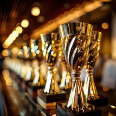 A row of polished trophies gleams in the soft glow of overhead lights, a tangible representation of the dedication and hard work that drives achievement