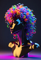 A sensual female plastic bust with colorful neon bubbles as hair
