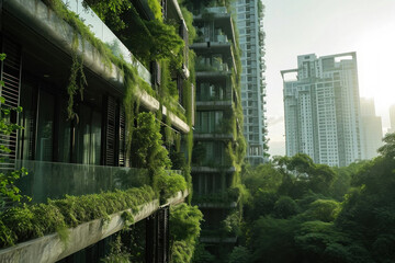 Modern Urban Apartment Building with Lush Green Plants Growing on Balconies and Walls in the Cityscape
