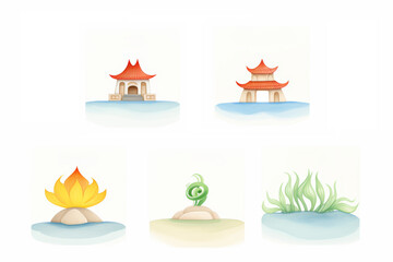 A set of watercolor illustrations with Chinese pavilions and nature elements