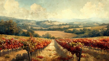 Obraz premium Rustic Vineyard Landscape: A rustic vineyard landscape rolling over hills and valleys, painted with warm watercolor tones to evoke the charm of wine country.