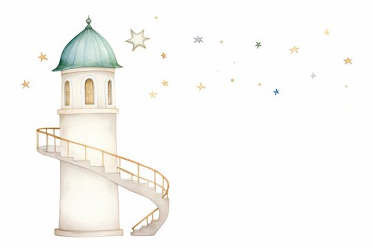 A watercolor illustration of a whimsical lighthouse with a spiral staircase and a green roof, with stars in the night sky.