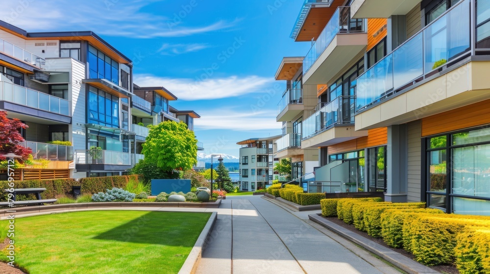 Wall mural A row of apartment buildings with a green lawn in front of them