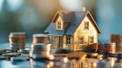 A house is surrounded by stacks of coins