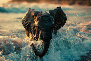 A majestic elephant emerging from the ocean, splashing water around it as its trunk gracefully stretches through the waves