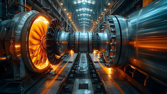 A steam turbine generates power at an industrial plant by rotating blades. Concept Mechanical Engineering, Power Generation, Industrial Processes, Turbomachinery, Energy Conversion