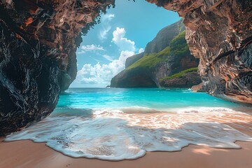 A secluded beach cove, kissed by the gentle lapping of azure waves against golden sands, framed by...
