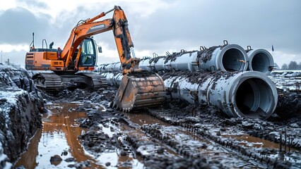 An excavator digging piles for foundation construction work with large concrete pipes. Concept Construction, Excavator, Foundation Work, Concrete Pipes, Heavy Machinery