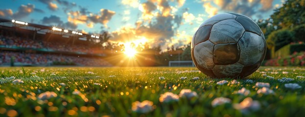 Soccer ball lies in grass on field under cloudy sky