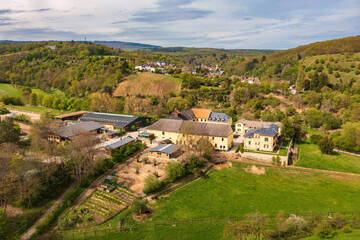 Naklejka premium Bird's-eye view of a farm in the Rheingau in spring