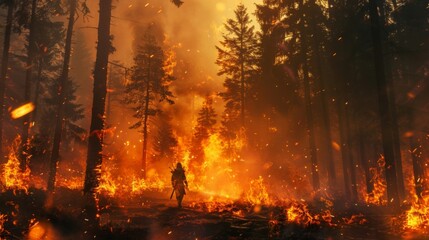 A brave warrior strides confidently through a forest ablaze the trees bending to his will as he harnesses the magic of fire to defy . .