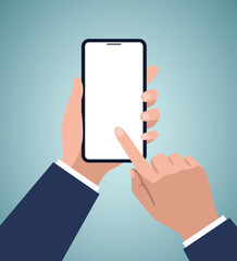 Businessman hand holding smartphone with blank white screen, Technology and business concept, Flat design vector illustration