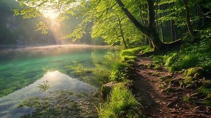 Picturesque morning in plitvice national park colorful spring scene of green forest with pure water lake - obrazy, fototapety, plakaty