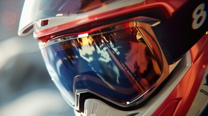 A close-up of an Olympic ski goggle, showcasing the precision and protection of the athletes.