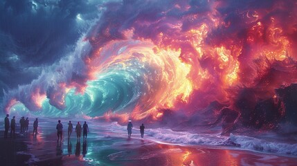 Illustrate a group of diverse people standing on a shoreline watching as colorful psychic waves crash onto the beach