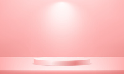 Pink cylinder pedestal podium. Pink studio room. Space for selling products on the website. Template mock up for display of product. Business backdrop. Vector illustration.