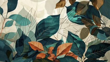 Abstract Botanical Composition Leaves and Plants in Green, Blue, and Brown Colors Palette, Nature Inspired Artwork