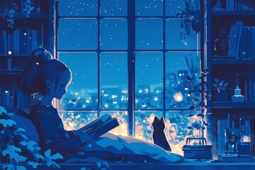 Isometric view of an anime girl reading in her bed in a cozy bedroom with bookshelves and night lights. 