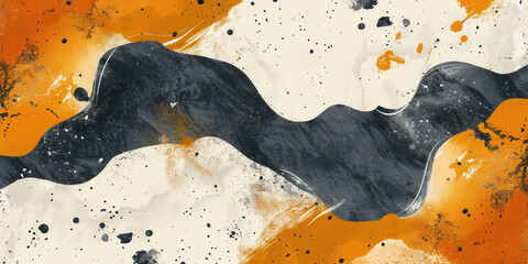 Vibrant Abstract Splatter Painting with Orange, Black, and White on White Background