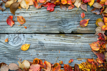 Fallen autumn leaves scattered on rustic wooden surface with plenty of copy space for text and design elements