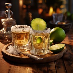 Tequila shots on a wooden tray with lime and salt, inviting a warm celebratory mood